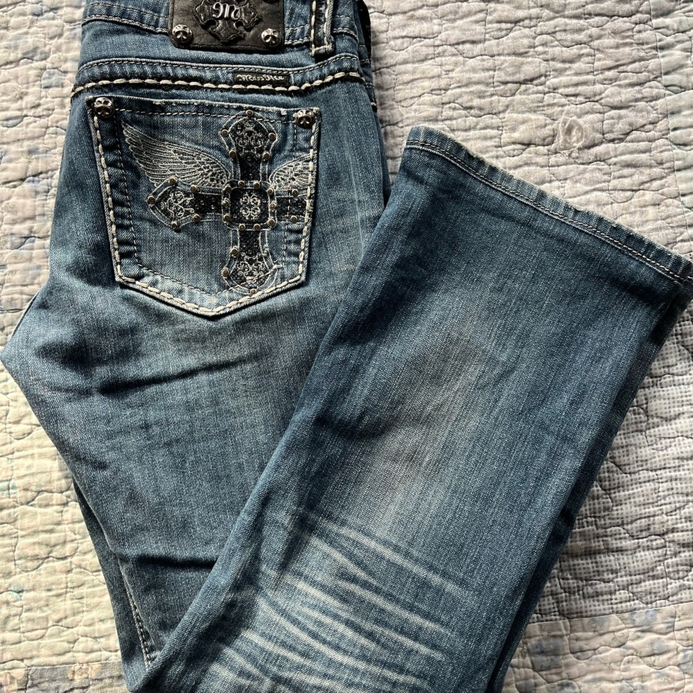 Miss Me Blue Boot Cut Jeans with Cross Embellishment
